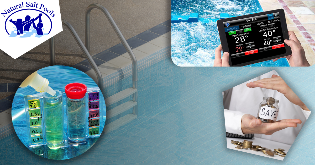 pool-testing-kit-hand-holding-tablet-checking-pool-temperature-and-individual-holding-small-jar-with-coins-with-coins-on-the-table