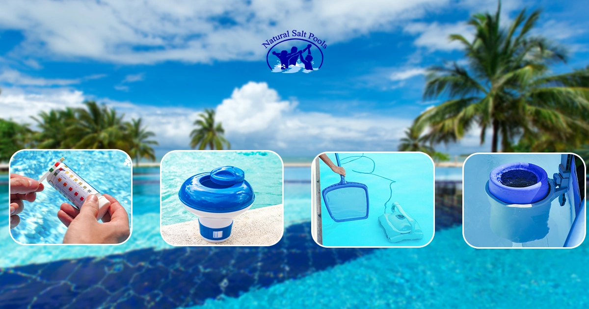 A collage of essential pool maintenance products, including a water test kit, chlorine dispenser, skimmer net, and surface skimmer.