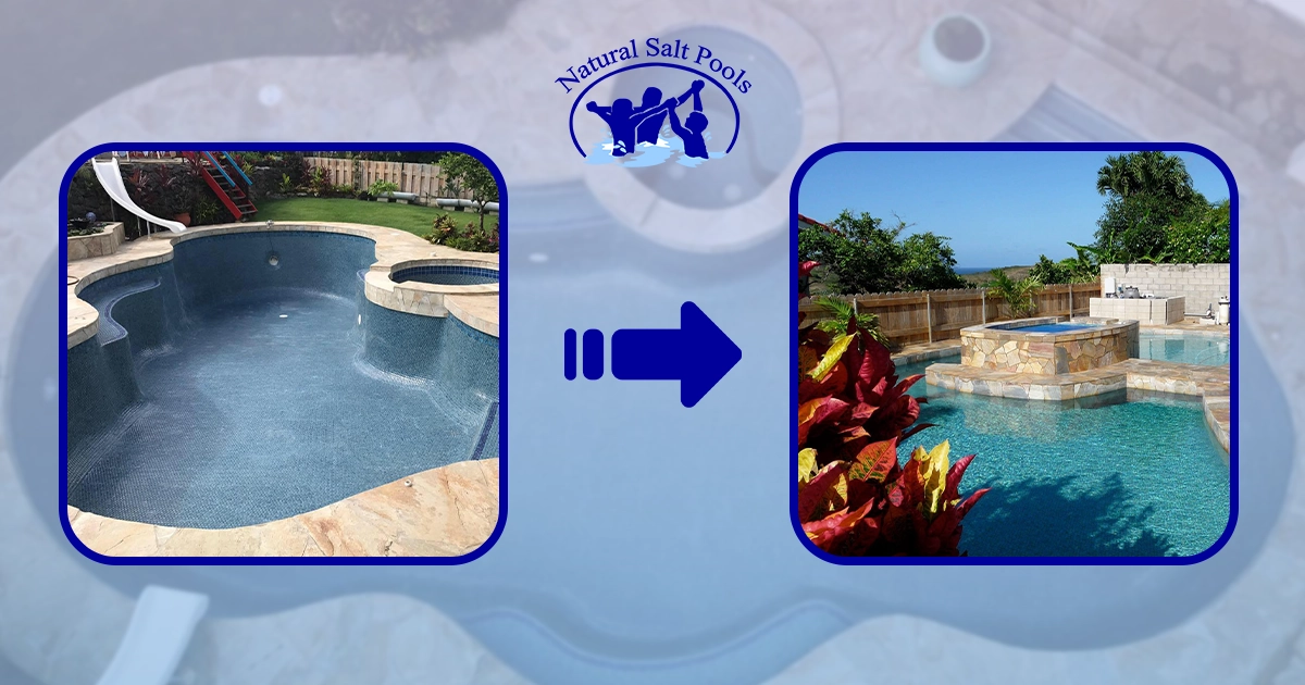 A banner showing a side-by-side comparison of a traditional swimming pool on the left and a natural-looking saltwater pool on the right.