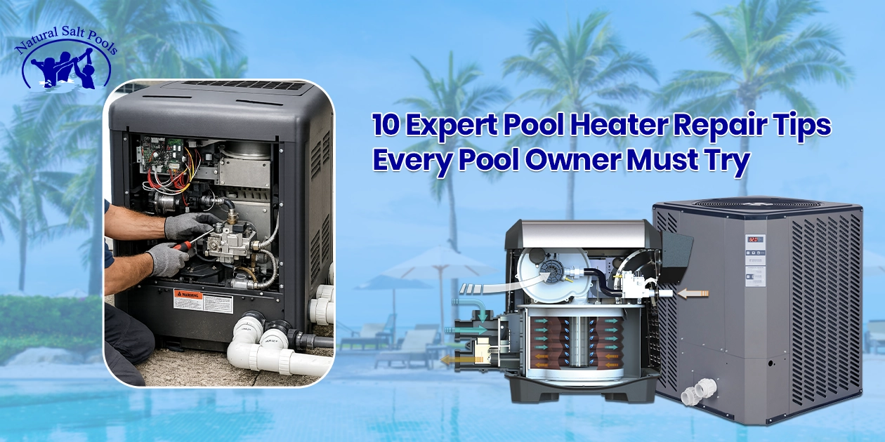 Step-by-step guide for pool heater repair showing a technician fixing internal components alongside a cutaway diagram of how pool heating systems work.