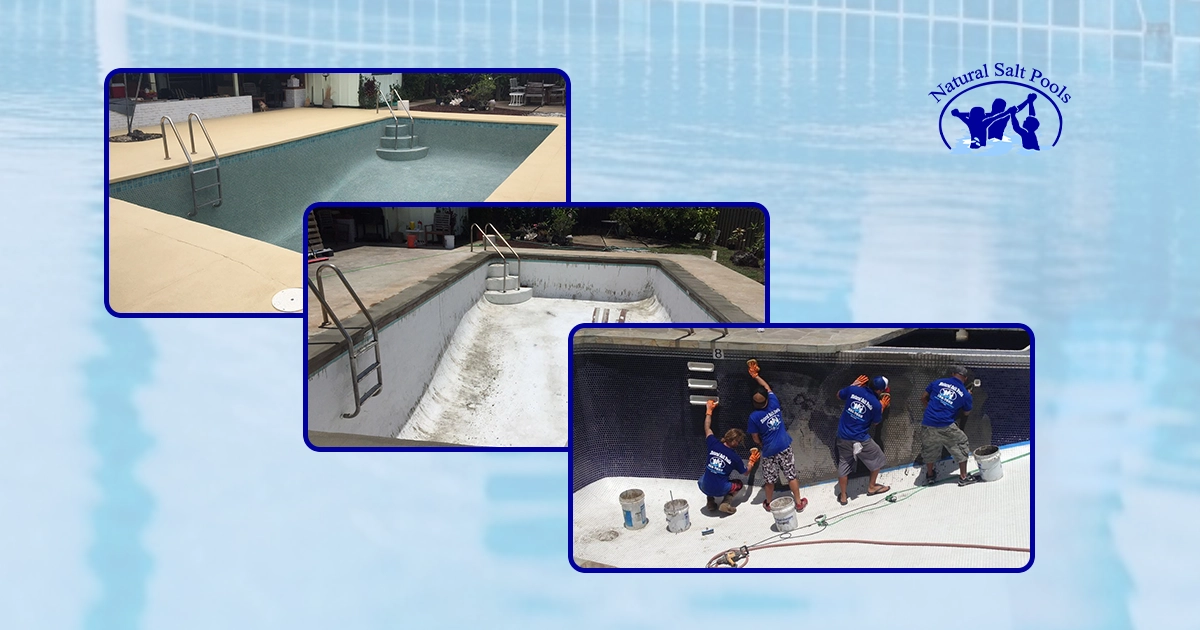A collage of three images depicts the process of swimming pool renovation against a backdrop of rippling blue water. The top image shows an empty pool with a partially tiled bottom. The middle image shows the same pool with the tiles removed, revealing the bare surface. The bottom image shows four workers in blue shirts applying new tiles to the pool walls.