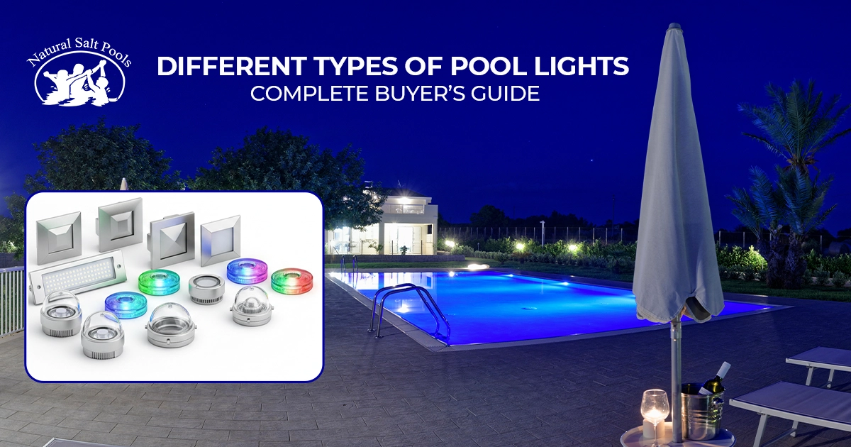 Different types of pool lights buyer's guide banner, showing various light fixtures including LED rings, with a luxurious blue-lit swimming pool at night.
