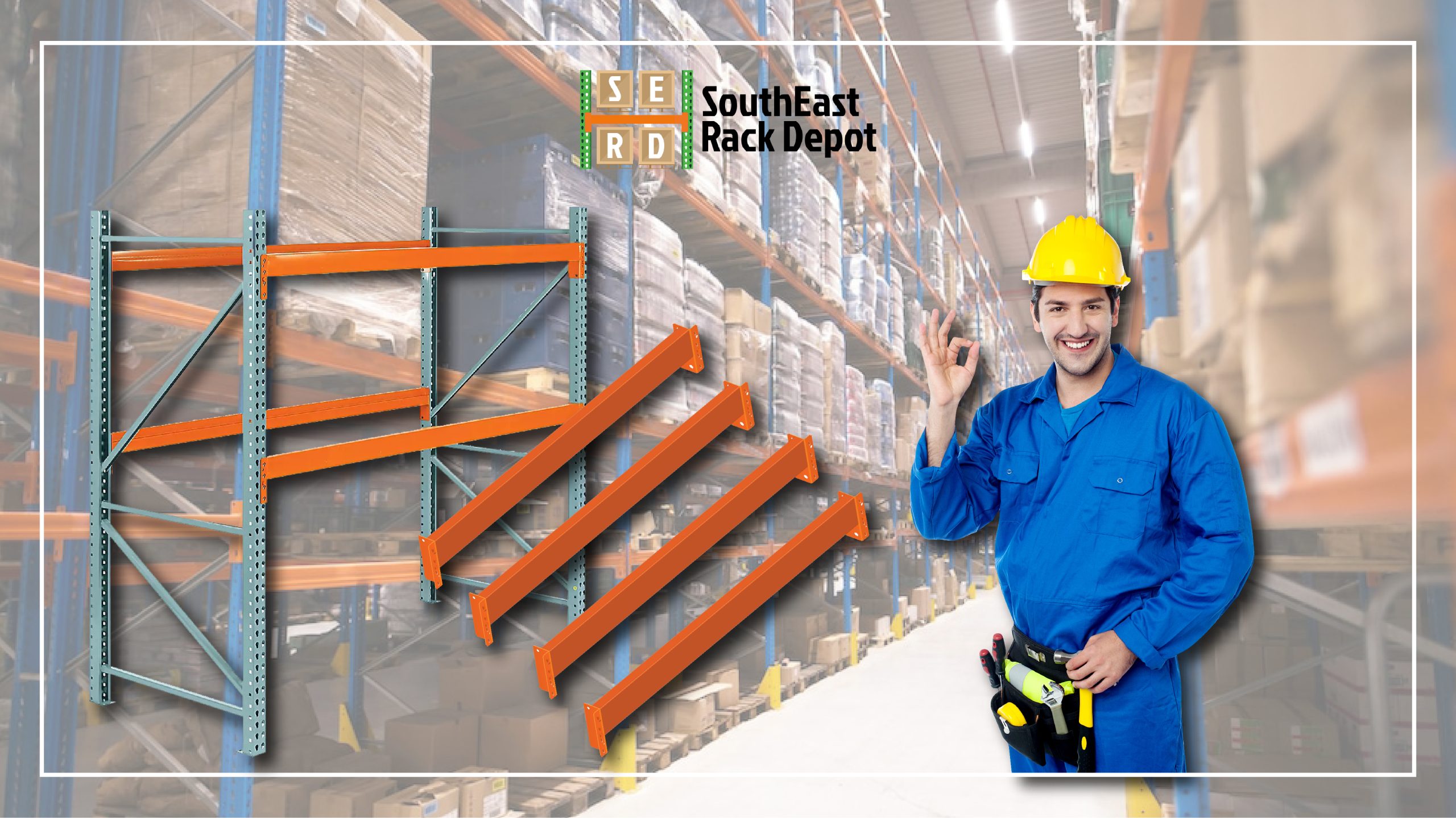 teardrop-pallet-rack-with-pallet-rack-beam-and-male-worker-smiling-while-gesturing-okay-behind-warehouse