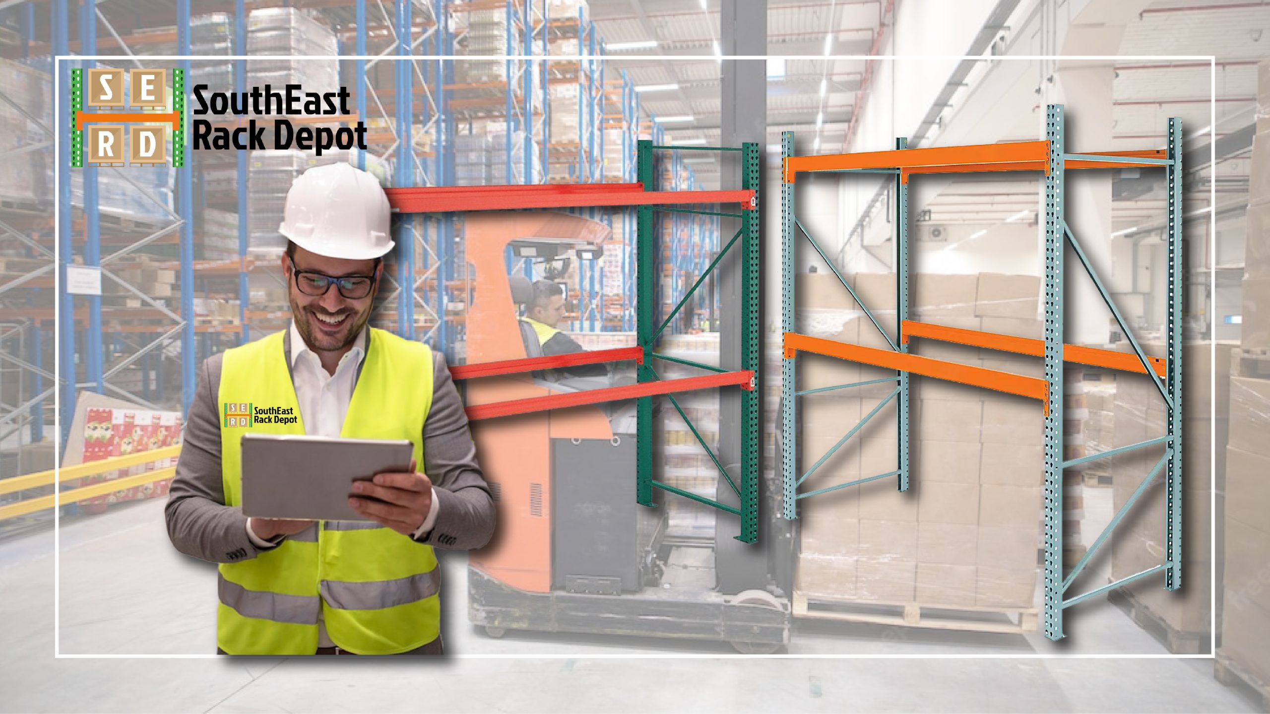 worker-laughing-looking-at-tablet-and-teardrop-pallet-racks-with-warehouse-interior-behind