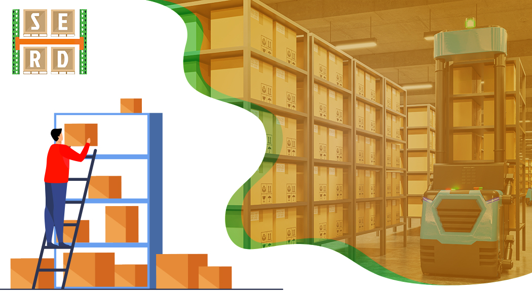 man-working-at-height-ladder-illustration-with-3D-interior-of-warehouse